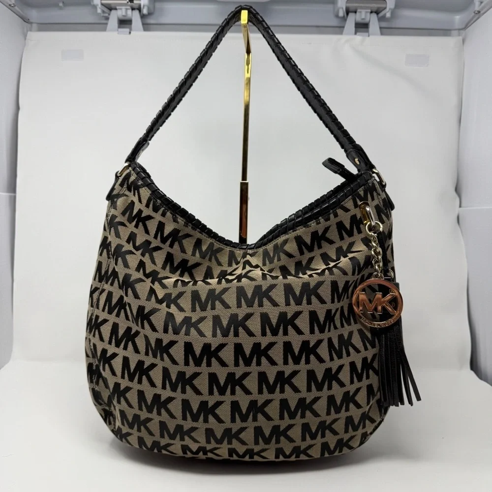 Michael Kors MK Logo Jacquard Hobo Shoulder Bag Black Tan Tassel Charm